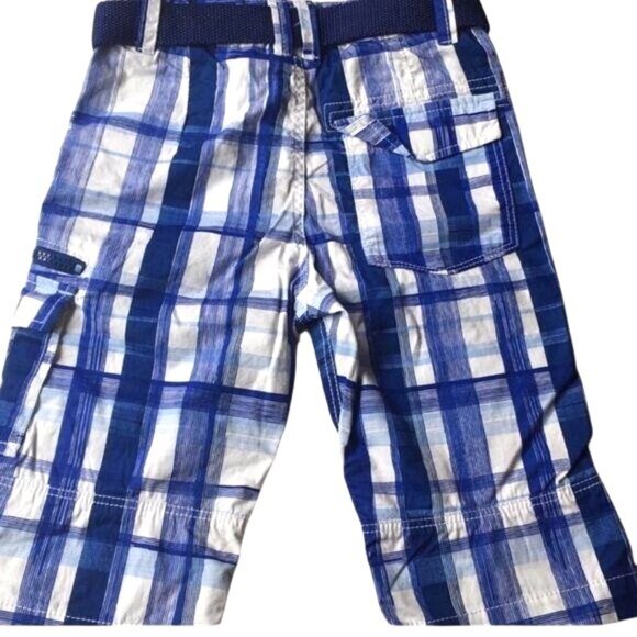 H&M Boys Blue Plaid Cargo Shorts With Adjustable Belt Size Boys 5 Cotton - Picture 3 of 8